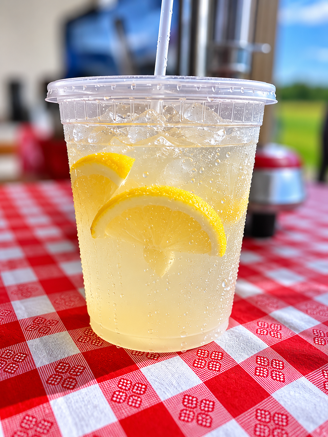 Classic lemonade in a cup on a red and white checkerboard tablecloth